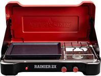 Camp Chef Rainier 2X Combo Cooking System - Two-Burner Camp Stove with Griddle Top - Folding Lid Doubles as Windscreen - Portable Camping Cooking Stove - For Outdoor Cooking - 267 Sq In Cooking Area