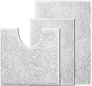 Bathroom Mat Set of 3, Non Slip Chenille Bath Mat Set Rugs, Extra Soft With Water Absorbent Pedestal Bathmat and U Shape Bathroom Toilet Rug, Machine Washable Bath Mats for Bathroom, Pure White