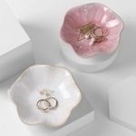 White Ceramic Jewelry Dish, Lotus Leaf-Shaped Trinket Tray and Ring Holder, Decorative Key Bowl, Elegant Home Decor Accent Piece (White+Pink)