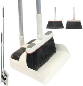 White Magic Broom and Dustpan Set with Extendable Long Handle, 180° Rotating Broom, Interchangeable Indoor & Outdoor Heads, Free-Standing Dustpan with Comb Teeth