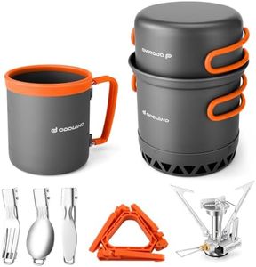 Odoland Camping Pots with Heat Exchanger Camping Cooking Set with Portable Camping Stove Camping Mess Kit Include Mug, Folding Utensil Set, Canister Stabilizer for Backpacking Outdoor Hiking & Picnic