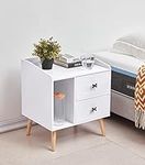 OBERICOL White Night Stand, Functional End Table, Cute Bedside Table with 2 Drawers for Bedroom,Living Room (White 02)