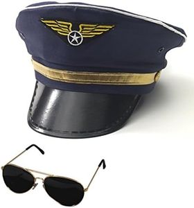 Nicky Bigs Novelties Airline Pilot Captain Hat and Aviator Glasses Set Blue/Gold