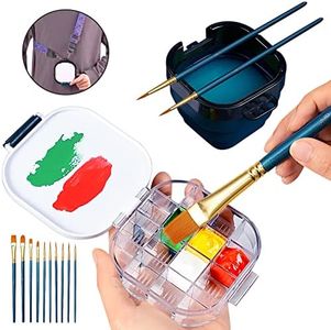 Paint Palette Airtight Box 16 Wells, Multi-in-1 Paint Brush Basin with Foldable Cleaner Bucket,10 Pens， Brushes Holder and Paint Palletfor Acrylic Painting, Watercolor, Gouache Painting, Oil