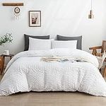 WARMDERN Duvet Cover Set King Size, 3pcs Washed Microfiber White Bedding Set, Soft Breathable Striped Textured Seersucker Duvet Cover with Zipper Closure & Corner Ties(White, King)