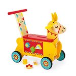 Janod - Wooden Llama Ride-On for Children - Silent Wheels - Storage Compartment and 6 Blocks Included - Learning Balance - For children from the Age of 1, J08004, Yellow and Red