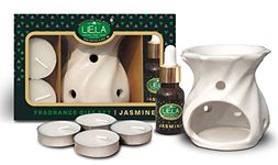 LIELA - Oil Burner, Aroma Diffuser Set,Vaporizer Oil Gift Set with 4 T-Light and Pure and Premium 20 ML Fragrance Oil in Premium Brown Glass Bottle with Golden Oil Dropper, (Jasmine)