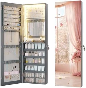 Vlsrka 47.2" LED Grey Jewelry Mirror Cabinet, Wall/Door Mounted Jewelry Armoire Organizer with Full-Length Mirror, Large Capacity Storage Hanging Cabinet, 4 Drawers, 5 Shelves