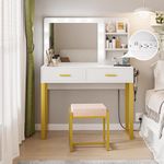 Semiocthome White Makeup Vanity Desk with Lighted Mirror and Power Strip, 39.4"W Vanity Desk with 10 Lights and 2 Drawers, Vanity Set with Stool,Girl's Gift Dressing Table with Metal Frame for Bedroom