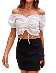 VIDUSSA Women's Summer Casual Blouses Puff Short Sleeve V Neck Off The Shouler Tops White L