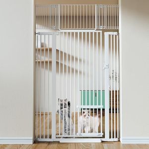 COMOMY 71" Extra Tall Pet Gate for Cats, 29.5-40.6" Extra Wide with Adjustable Cat Door, Pressure Mounted Easy Walk Through Gate with Door for Stairs, Doorways, Kitchen (White)