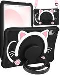 Wazzasoft for iPad Mini 6 Case 8.3 Inch Girls Cute Black Cat Cover Girly Kawaii 3D Cartoon Women Kitten with Rotating Handle Stand & Strap Soft Silicone Funda for Apple iPad Mini 6th Generation Cases