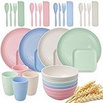 32 Pack Unbreakable Wheat Straw Dinnerware Set, Lightweight Plastic Plates and Bowls Set Service for 4, Including Reusable Cups Spoons Forks, Portable Cutlery for Camping Party Rv (Mixed Color)