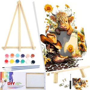 Framed Paint by Numbers Kit with Wooden Easel for Adults Beginners Highland Cow Acrylic Easy Paint by Number Flower Paint by Number Kits on Canvas with Nice Gift Box 12x16in