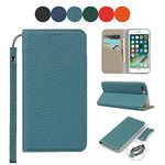 Wallet Case for iPhone 7 Plus/8 Plus, Luxury Litchi Grain Genuine Leather Case with Wrist Strap Headphone Storage Belt Folio Flip Phone Case with RFID Blocking Card Holder Kickstand Sky Blue