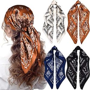 Syhood 4 Pcs 27'' Square Satin Head Scarves Satin Bandanas for Women Satin Headband Scarves Silk Feeling Scarf Boho Headwear (Navy Blue, Coffee, Black Beige)