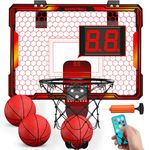 HYES Basketball Hoop Indoor, Mini Basketball Hoop with 7 LED Lighting, Mini Hoop with Electronic Scoreboard, 3 Modes, Remote Control, Over Door Basketball Hoop, Basketball Toys for Kids, Adults, Red