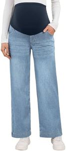 OUGES Women's Stretchy Maternity Jeans Cotton Blend Relaxed Straight Leg Fit Over Belly High Waist Denim Business Casual Work Maternity Pants Mom Jeans Maternity Clothes with Pockets(Light Blue,M)