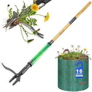Bamda Weed Remover Tool, Heavy Duty Weed Puller Root Remover with 4-Claw Steel Head & Dual-Eject Mechanism, 110.5cm Bamboo Long Handle Stand Up Weeding Tools for Garden & Lawn, Includes 60L Leaf Bag