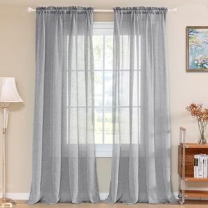 Turquoize Linen Sheer Curtains Natural Linen Semi Sheer Curtains Light Filtering Burlap Curtain Rod Pocket Window Treatments Panels/Drapes, Privacy Assured, 108 Inches Length (2 Panels, Light Gray)
