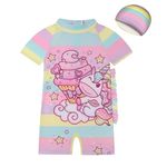 PALAY® Unicorn Swimming Costume For Kids Girls 6-8 Years Old, Multicolored Swim Suit for Kids Girls, One-Piece Cartoon Swimsuit for Girls with Swim Cap, Beachwear Kids Swimming Bathing Suit