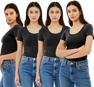 Emmalise Scoop Neck Short Sleeve Tee Women Basic Tshirt - Value PK Deal, Junior to Plus Sizes, 4 Pack - Black, XX-Large