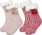 BenSorts Winter Thick Fuzzy Slipper Socks for Women Christmas Warm Cozy Grip Female Socks Slipper Non Slip Cute Wife House Sherpa Socks Holiday Gift Pink Red 2 Pairs