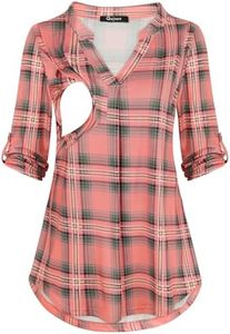 Quinee Breastfeeding Shirts Nursing Tops for Breastfeeding Nursing Tops Maternity Nursing Tops & Tees Pink Green Plaid L