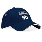 D Design Invent Print! 90th Birthday Gift Hat Baseball Cap for Men Women 90 Keepsake Present (Navy (Putty Trim))