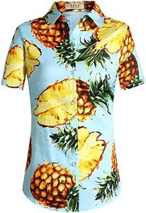 Hawaiian Shirts for Women, Tropical Shirts for Women, Pineapple Shirts for Women Short Sleeve Blouses Casual Floral (3X-Large, Blue)