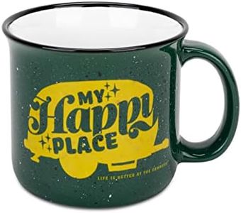 Camco Life is Better at The Campsite Ceramic Coffee Mug - Microwave and Dishwasher Safe - Features Green Background with Retro RV My Happy Place Design - Coffee Cup Holds 14oz. (53471)