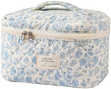 uekeboag Large Travel Quilted Makeup Bag for Women, Floral Cotton Cosmetic Bag, Coquette Aesthetic Floral Toiletry Organizer Bag, 01Lithtblue-Flower, Floral Cotton