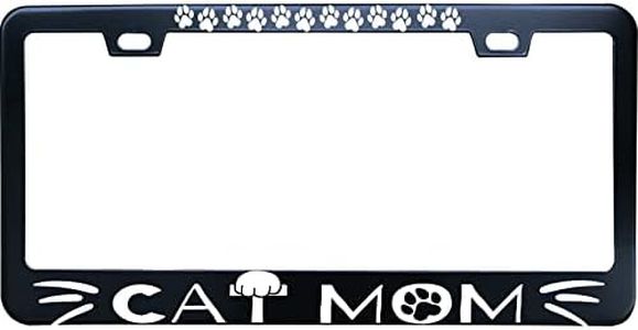 XHuiZio Paw Print Cat Mom License Plate Frame for Cat Lover, Black Stainless Steel Car Tag Frame, 6"x12" 2 Holes & Screws Fits Standard US/CA