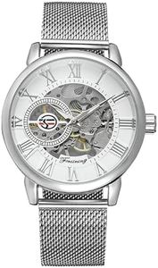 Unique Mens Automatic Watch Transparent Watch Dial Hollow Skeleton Silver Tone Mesh Band Watch (Silver White)