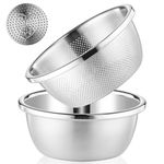 POPGRADE 304 Stainless Steel Colander with Bowl, 5-Qt Large Rice Washing Bowl Colander Food Strainers Set, Fruit Vegetable Washing Basket, Pasta Rice Rinser Strainer Washer (2pcs)