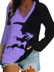 jusgai Women's Halloween Witch Shadow Print T-Shirt Witch Long Sleeve T-Shirt Witch Shadow Shirt Salem Witchy Shirt Top, Purple, Medium