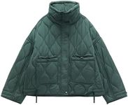 Songling Women's Oversized Quilted Puffer Jacket Stand Collar Zip Up Lightweight Cropped Padded Winter Coat with Pockets(Green,L)