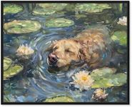 Monet Water Lilies Dog Rustic Chic Farmhouse Canvas Wall Art by Art Remedy, Black Floater Frame, 45"x36"
