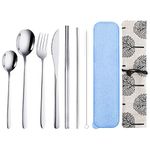 QLFJ-FurDec 9 Pcs Portable Travel Utensils Set, Stainless Steel Reusable Flatware Set, Cutlery Set with Knife Fork Spoon Chopsticks Cleaning Brush Straws Case Set for Camping, Picnic, Office, School(Silver)