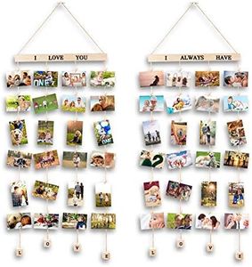 MOVEONSTEP 2 Set Cornice per appendere a parete foto in legno collage con 4 corde per appendere immagini e 32 pioli adesivi in legno - Colore scuro (100 x 40 cm)