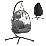 Aptliton Swing Egg Chair Indoor&Outdoor, Hanging Chair with Metal Stand, Foldable Hammock Chair, 150kg Weight Capacity, Weatherproof PE Rattan with Dust Cover & Cushions for Patio, Balcony, Grey