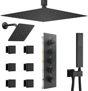 NPYSVSSS Black Thermostatic Shower System Dual Shower Heads with 16" Ceiling Mounted Rain Shower Head & 6" Wall Mounted Head 4 Function Full Body Shower System with body jets Can All Run Together