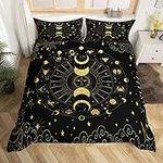 Sun and Moon Comforter Cover Bohemian Mandala Bedding Set for Boys Girls Kids Constellation Zodiac Duvet Cover Golden Black Galaxy Stars Nebula Bedspread Cover King Size 3Pcs