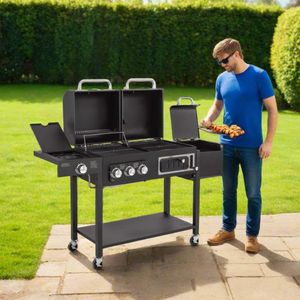 CosmoGrill Hybrid 4-Burner BBQ – Dual Fuel Gas & Charcoal Grill with Smoker, Thermometer, Warming Rack