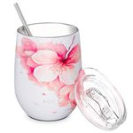 THILY Stainless Steel Insulated Wine Tumbler Stemless Wine Glass with Lid and Straw, Splash-Proof, Cute Travel Cup for Coffee, Cocktails, for Women, Mother, Wife, Girls, Cherry Blossoms