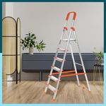 Houza 6 Step Foldable Aluminium Ladder for Home | Ladder with Anti-Slip Shoes | Slip Prevention Steps | Durable, Heavy Duty, Safe, and Stylish | Made in India (Orange)