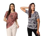 SHRIEZ Women's Casual Lycra Blend Roundneck Half Sleeve Regular T-Shirt/Printed T Shirts for Women Combo Multicolor (BRNSHADE & GRYBLK_L) (Pack of 2)