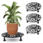 Sharpex Caddy Iron Round Rack Rustproof Sturdy Metal Potted Indoor Outdoor Plant Stand/Trolley Casters with Legs for Garden and Home, Black (4 PC, Design 7)