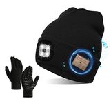 QKTYB Wireless Bluetooth Beanie Hat with Touchscreen Gloves LED Headlamp V5.0 USB Rechargeable Music Hat Washable for Men Women Running Skiing Hiking Camping Cycling Black