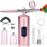 HANNEA® Cordless Airbrush Kit, Rechargeable LCD Airbrush Spray Gun with 3 Pressure Level, 0.3mm Nozzle, Portable Airbrush Compressor for Painting, Makeup, Nails, Model Craft, Pink